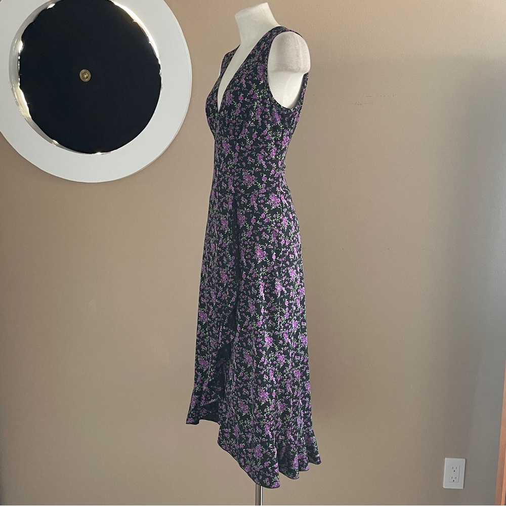Connected Apparel Size 12 Blue Floral Midi Dress Deep V Ruffle Slit Feminine - Picture 5 of 15